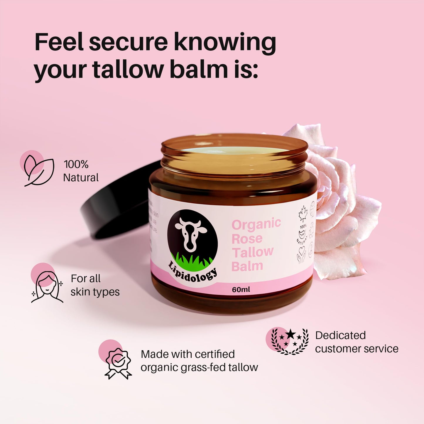 Lipidology Skincare Organic Rose Tallow Balm, 60 ml