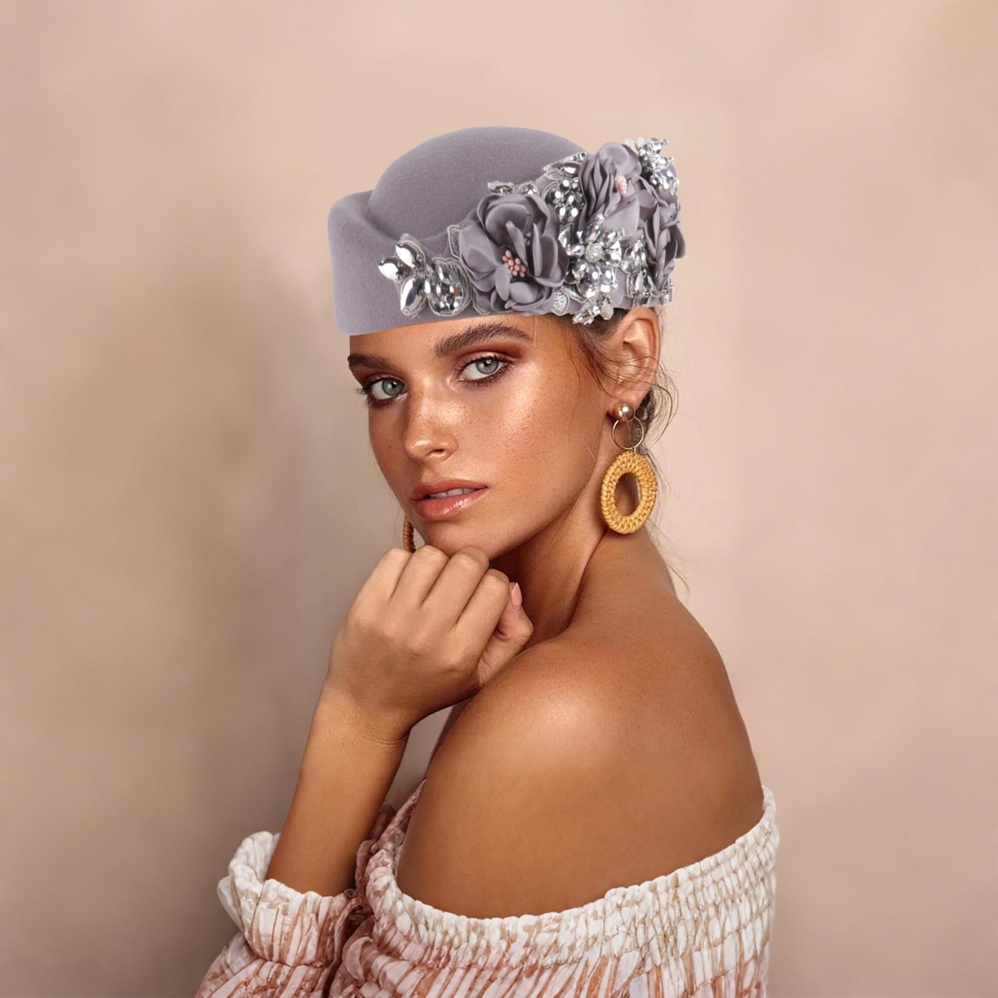 Beret Hats for Women British Felt hat Women's Church Derby Headdress Women's Floral hat Suitable for Wedding Parties Events (Gray)