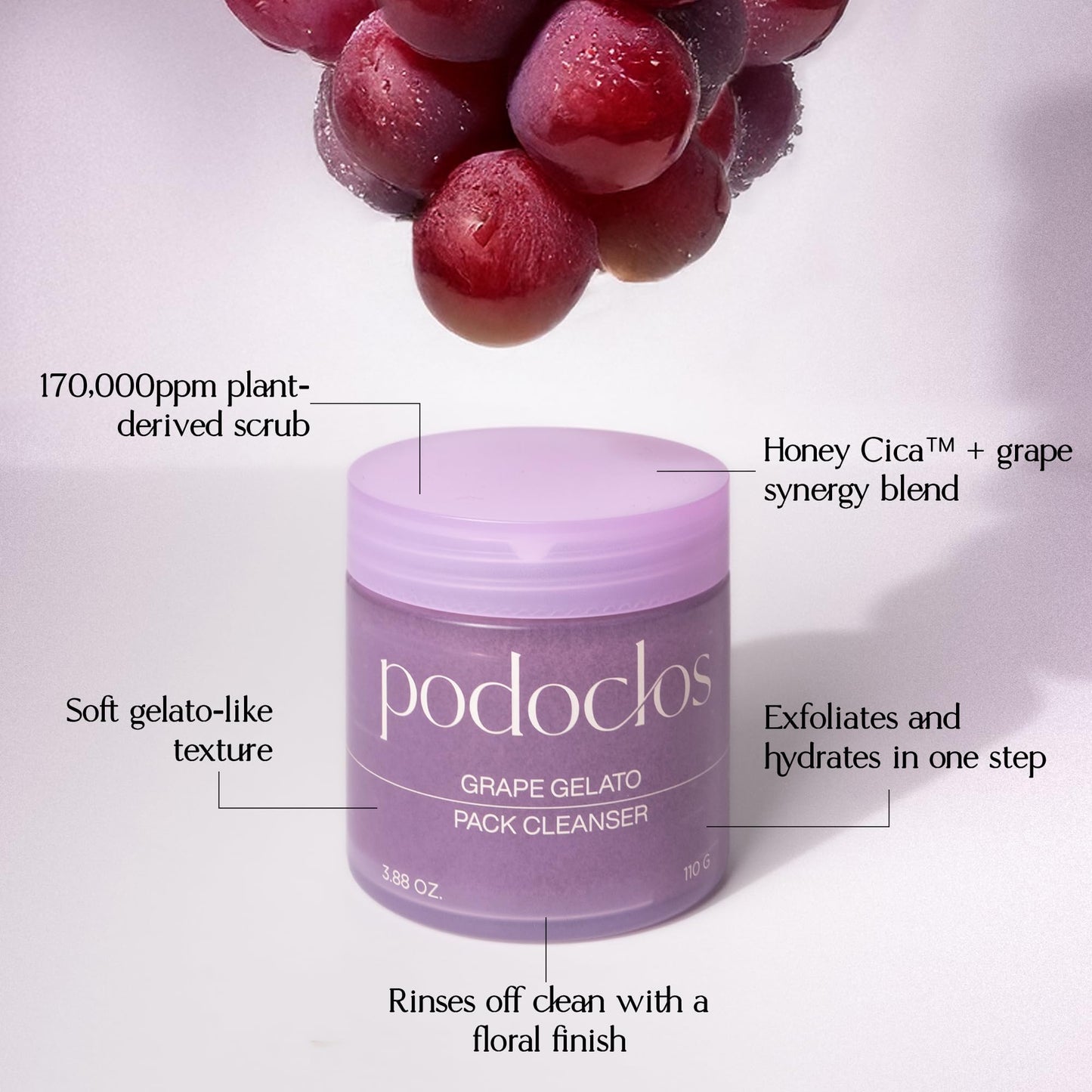 Podoclos Grape Gelato Pack Cleanser | Face & Body Exfoliating Cleanser, Gentle on Skin, Tough on Dead Cells, Plant-Based Scrub, Honey Cica™ & Grape Extracts, Korean Skin Care | 3.88 oz