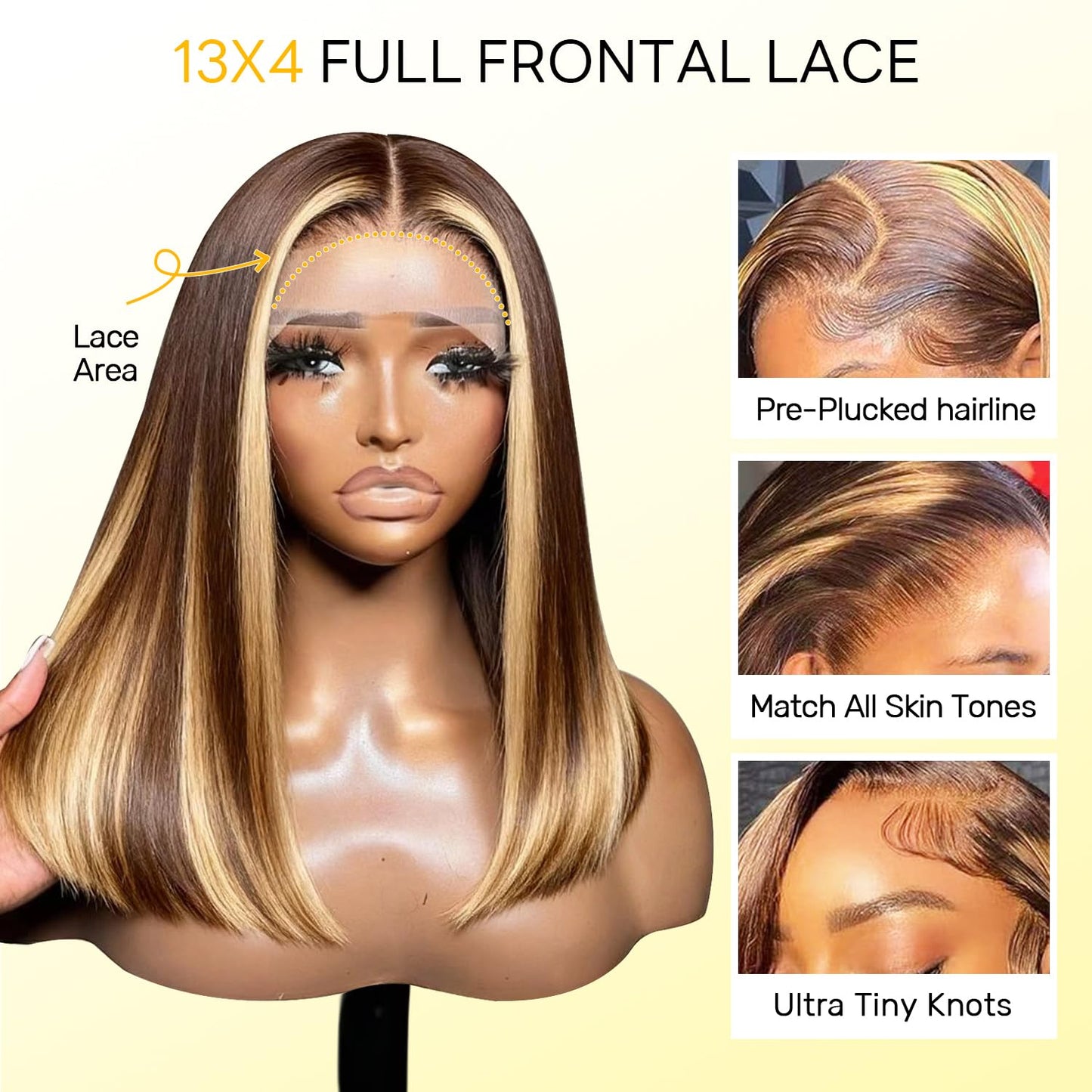 Highlight Bob Wigs - Human Hair Straight 13x4 HD Lace Front Wig | 4/27 Honey Blonde, 8 Inch, 180% Density, Pre-Plucked with Baby Hair