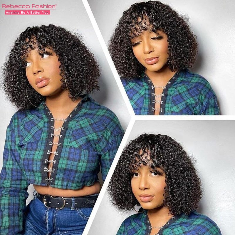 Curly Bob Wig with Bangs - 10 Inch Human Hair Water Wave | Glueless Brazilian Remy for Black Women