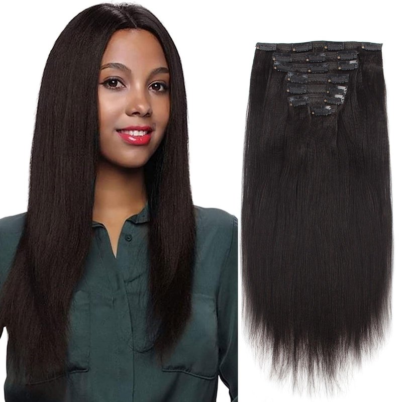ABH AmazingBeauty Hair Yaki Straight Clip ins Human Hair Extensions for Black Women Natural Black Light Yaki Clip ins 7 Pieces 120 Gram Per Set, 12 Inch
