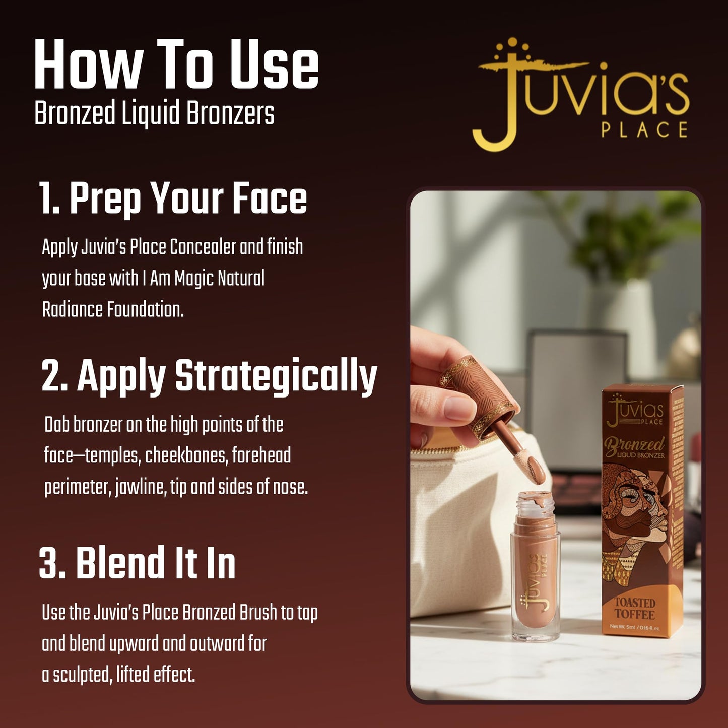 Juvia’s Place Bronzed Liquid Bronzer - Toasted Toffee - Liquid Bronzer for Face w/Silky Blendable Texture - Buildable Coverage for Natural Contour & Dimension - Easy-to-Blend Patch-Proof Formula