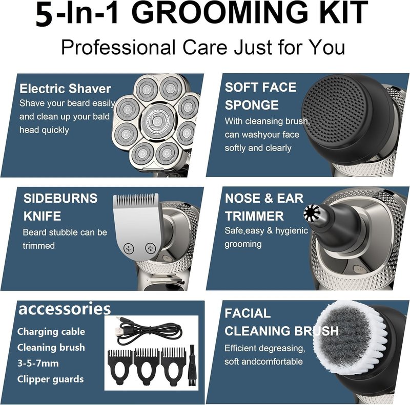 9D Head Shaver for Bald Men - 5-in-1 Electric Razor | IPX6 Waterproof, LCD Display, Type-C Rechargeable Grooming Kit