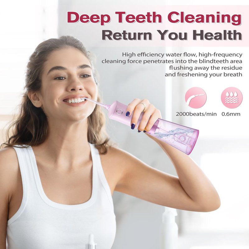 TOVENDOR Water Dental Flosser, Rechargeable Dental Oral Irrigator, 3 Modes, 5 Tips for Teeth Cleaning, Family Oral Health, Portable 300ML Large Water Tank Water Flosser, IPX7 Waterproof (Pink)