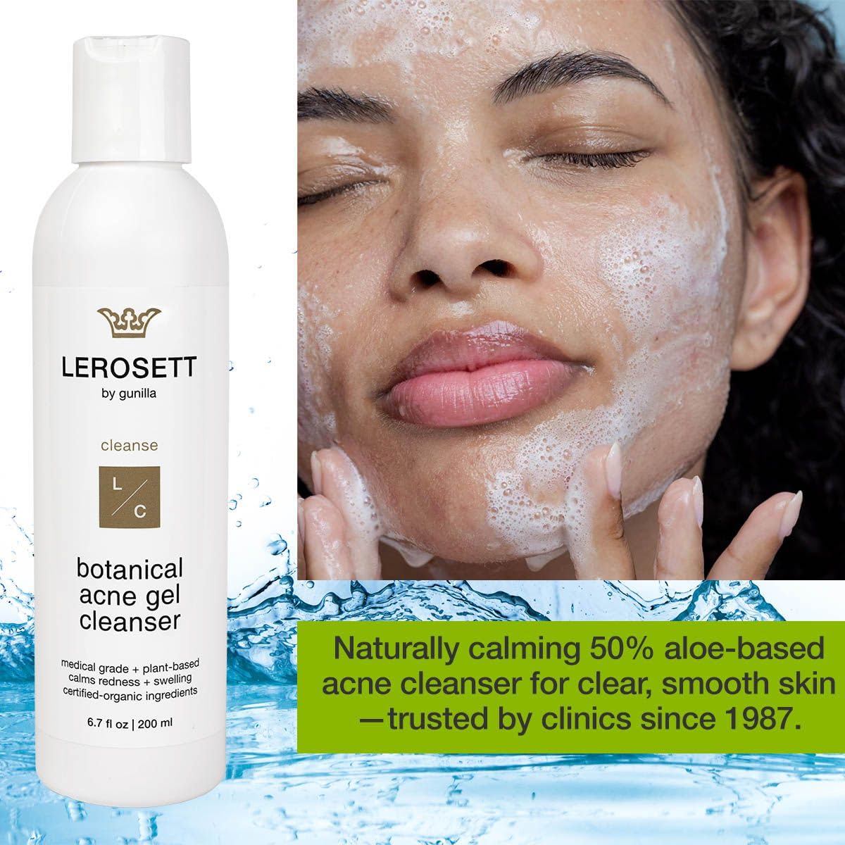 LEROSETT Botanical Acne Cleanser, Foaming Gel Face Wash for Acne Prone, Vegan, Blackheads & Oily Skin 50% Calming Aloe, 2% Salicylic Acid, All Skin Types. Vegan - 6.7oz 60-Day