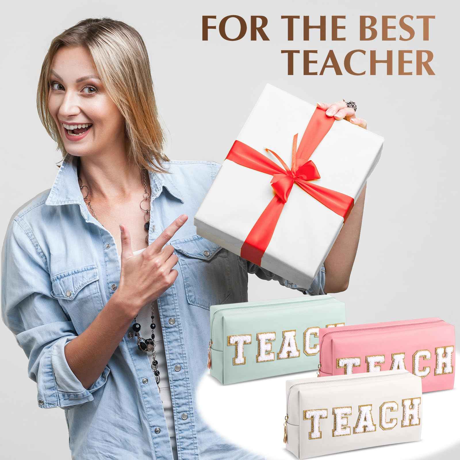 Chunful 9 Pieces Preppy Makeup Bag Bulk Chenille Letters Patch Cosmetic Bag PU Leather Waterproof Toiletry Travel Pencil Case Pouch for Women Traveling Purse (Colorful Color,Teach)