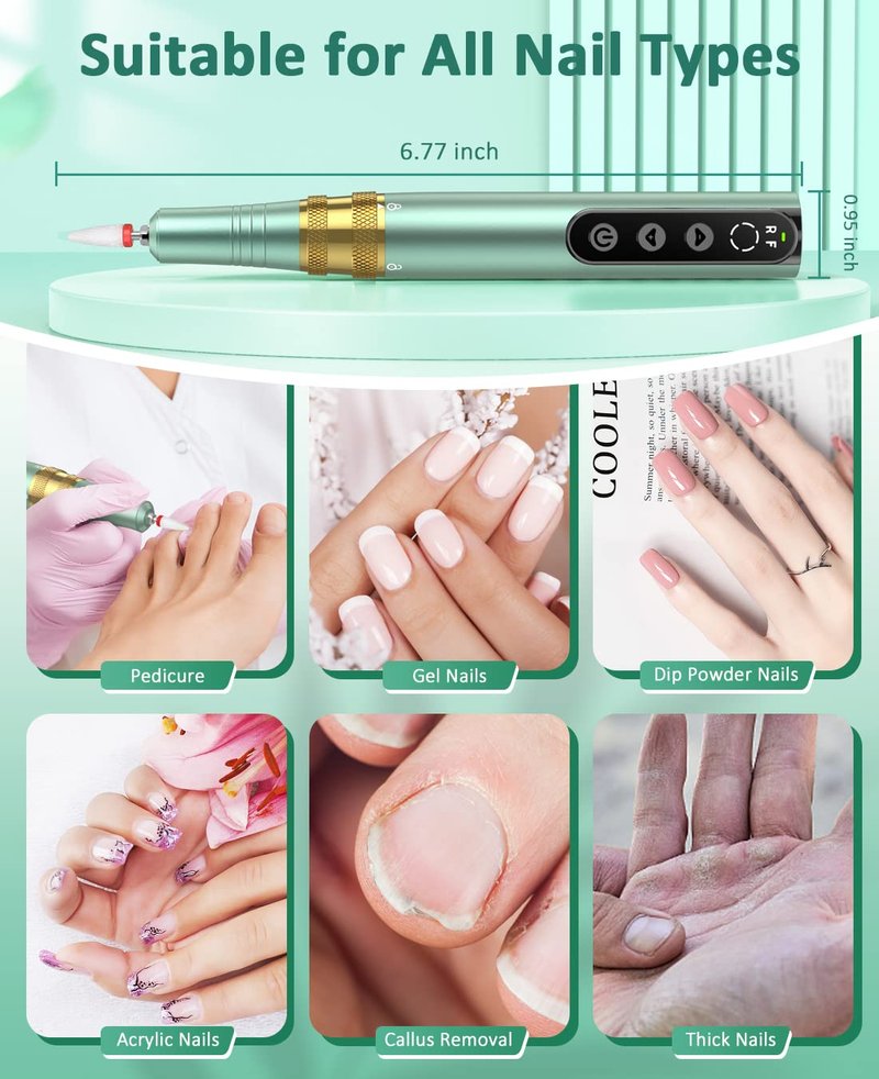 YBLNTEK Cordless Nail Drill, 35000RPM Rechargeable Nail Drill Machine for Acrylic Gel Nails, Portable Electric Nail File Kit for Home Salon Manicure Pedicure and Polishing, Green