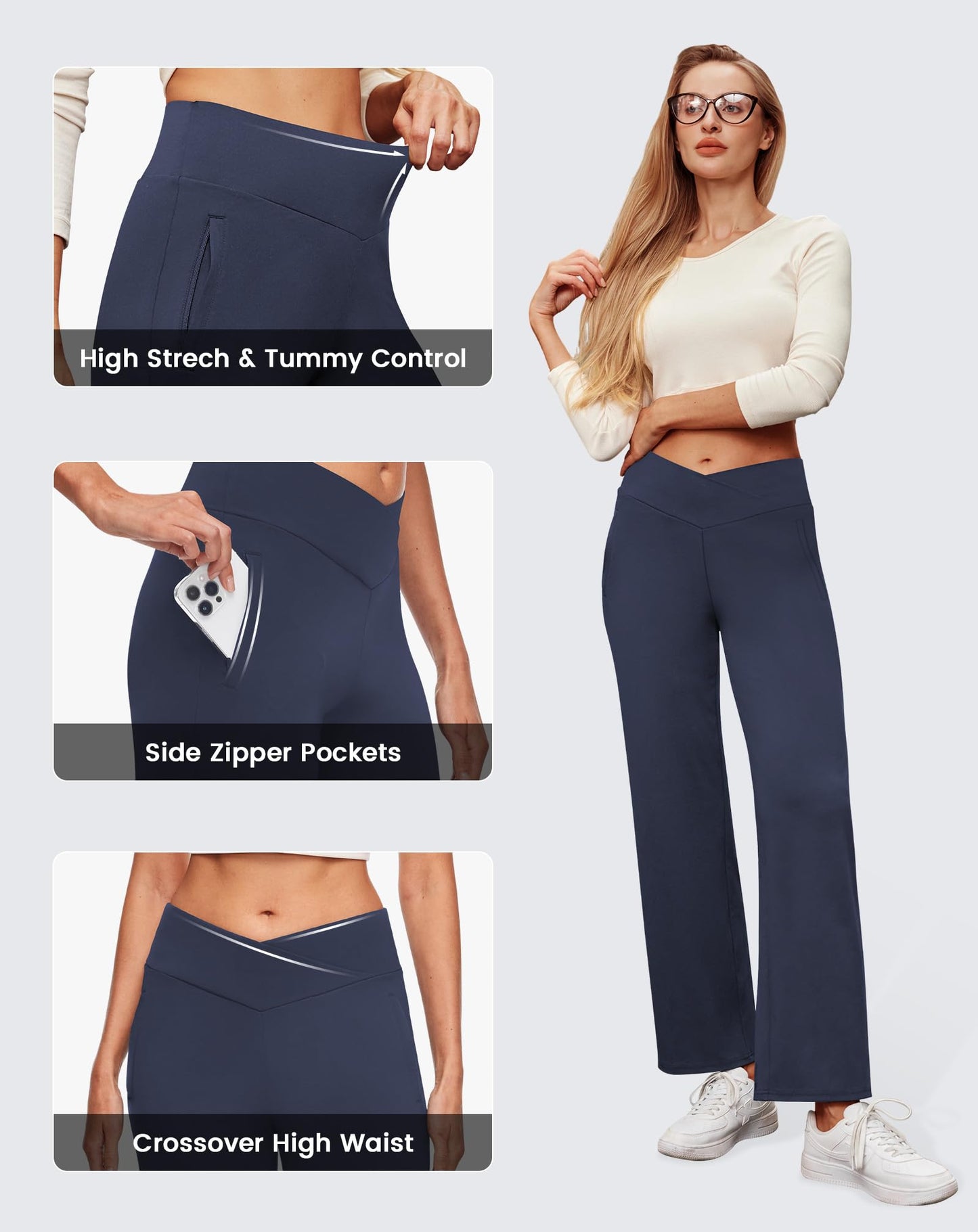 SEMARO Womens Wide Leg Dress Pants Crossover High Waist Stretch Casual Work Slacks Trousers with Zipper Pocket Navy