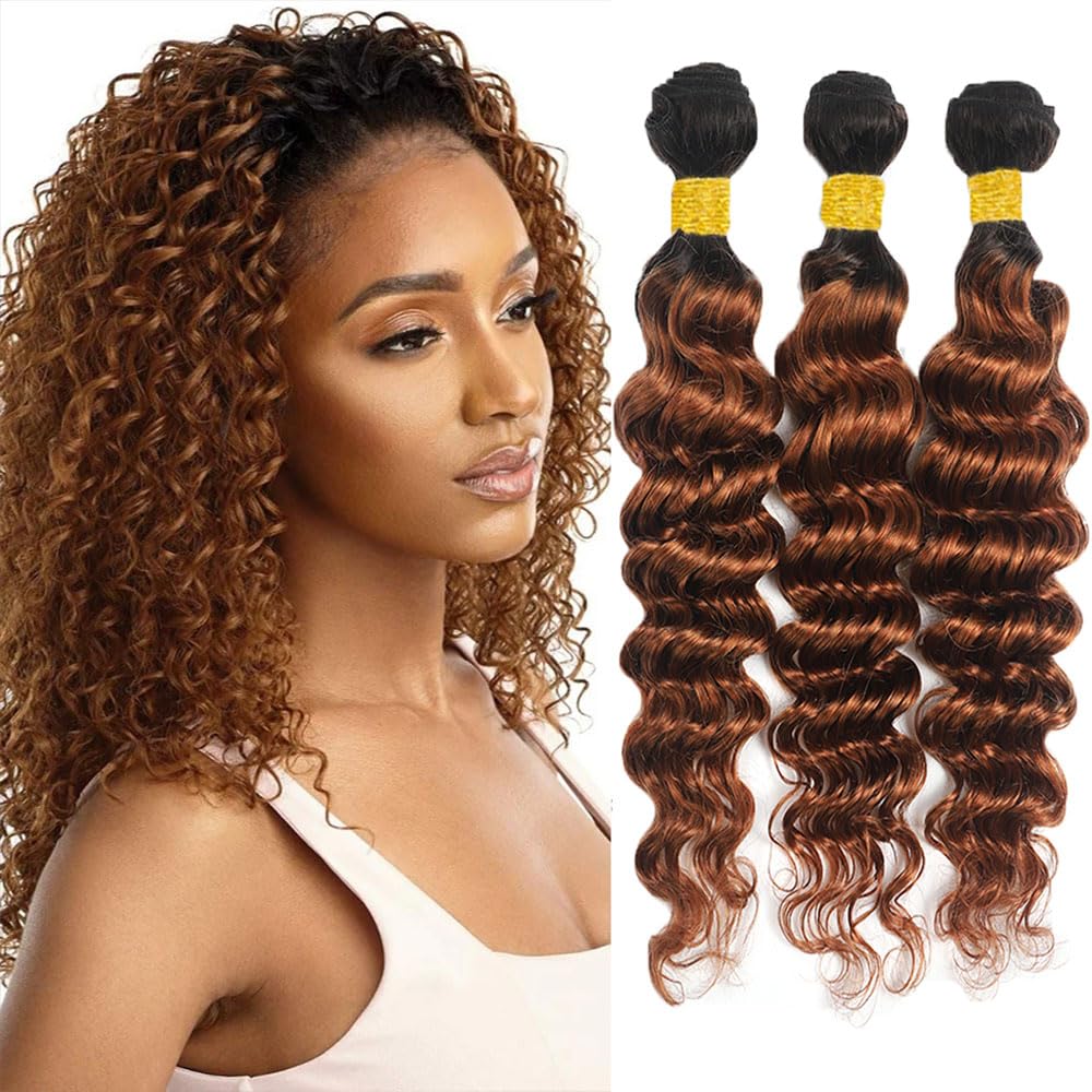 1B/30 Human Hair Bundles Ombre Deep Wave Bundles Human Hair Brown Bundle 8 10 12 Double Weft Unprocessed Brazilian Remy Hair Extensions Ombre Deep Curly Bundle 300G