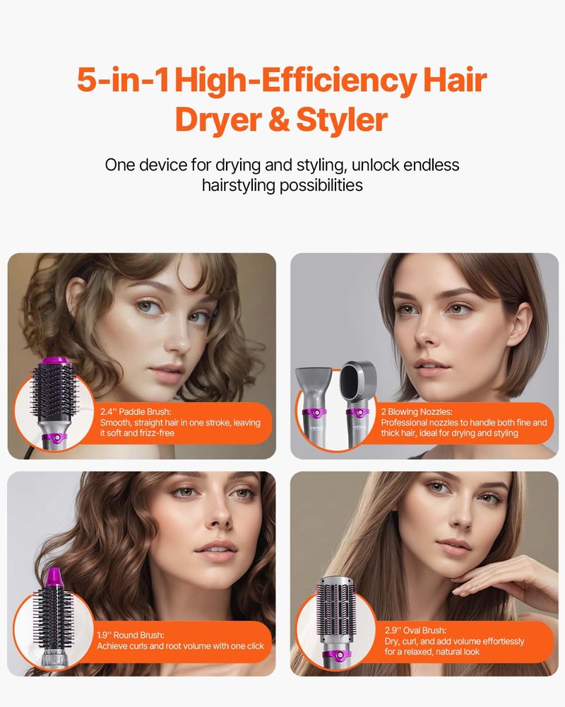VEVOR Hair Air Styler and Dryer Brush, 5-in-1 Multi Hair Styler with 3 Brushes & 2 Nozzles, Ionic Blow Dryer Brush, Reduced Heat Damage, High-Speed Styling Tool for Volumizing Straightening Curling