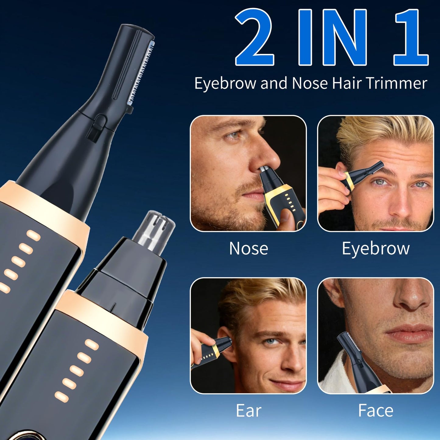 Mendaping Nose and Ear Hair Trimmer for Women Men,2 in 1 LED Display Eyebrow Hair Trimmer with USB Rechargeable,Portble Waterproof Facial Hair Removal with Dual-Edge Blades for Travel (Black Gold)