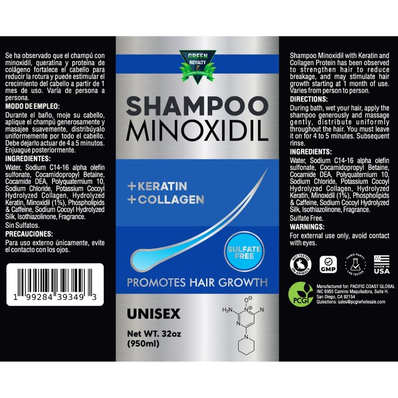 GREEN ROYALTY Minoxidil Shampoo – Sulfate-Free with Keratin & Collagen – Deep Cleansing & Nourishing Formula for Fuller, Thicker-Looking Hair – Unisex – 32oz (950ml)