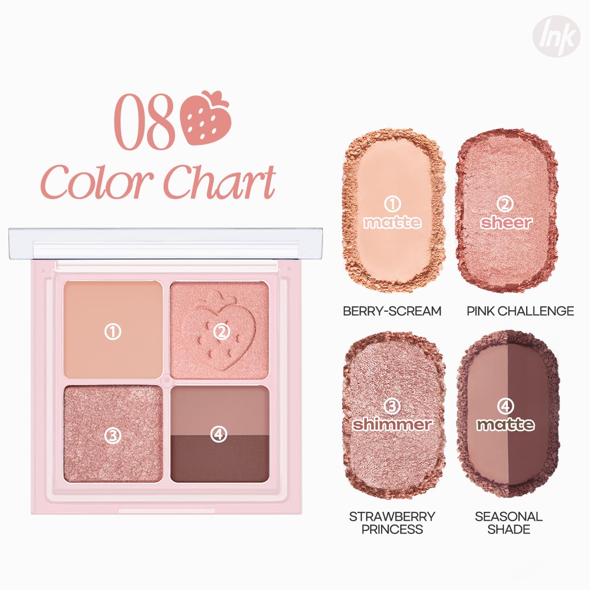 Peripera Ink Pocket Shadow Palette, Eyeshadow Quads, Creamy Formula, Blendable Matte & Shimmer Shades, Easy to Apply (008 STRAWBERRY IN MUTE, One Size)