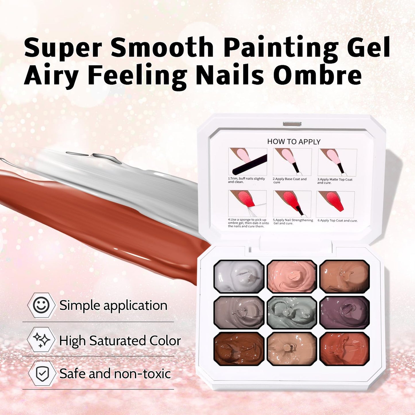 Ombre Nail Gel Set - 9 Colors Sponge Pat Paint for Floral Nail Art, No Wipe, UV/LED Curing