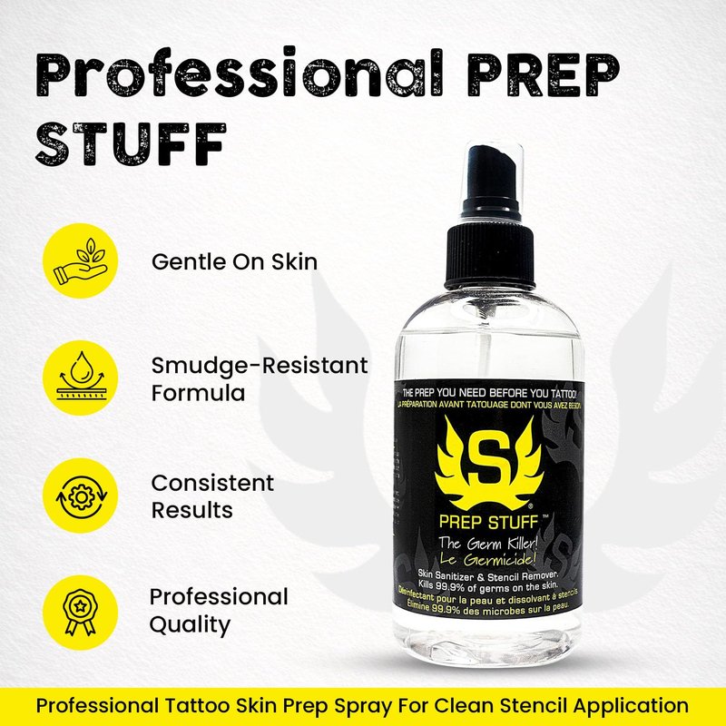 Stencil Stuff Prep Stuff Tattoo Prep Spray, 8oz Pre-Tattoo Skin Cleanser & Stencil Remover, Vegan-Friendly Tattoo Skin Prep Solution for Professional Artists, Removes Oil and Residue