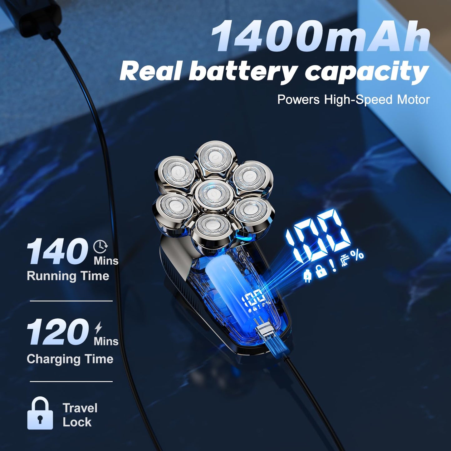 Head Shaver for Bald Men, Coklean 1400mAh Detachable Electric Shavers Rechargeable Rotary Shaver with LED Display & 8500RPM Motor IPX6 Waterproof Dry/Wet Electric Razor, Gift for Dad Husband