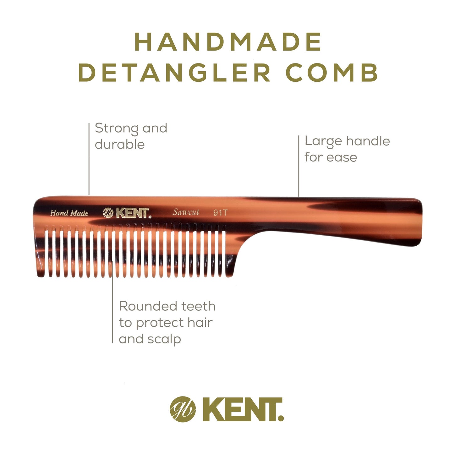 Kent 91T Wide Tooth Women’s Detangler Comb for Curly, Wavy, and Thick Hair – Ideal for Use on Wet Hair – Gentle, Shower Comb with Large Handle – Anti-Static, Smooth - Styling Tool by Kent