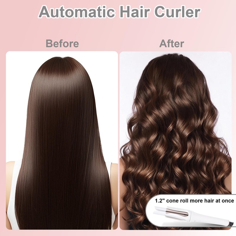 Automatic Hair Culer, Auto Rotating Curling Iron for Long Hair Safe and Easy for Kids/Beginners, 8-Second Timer, Ceramic Curling Wand, 1.25 Inch, Dual Voltage, White