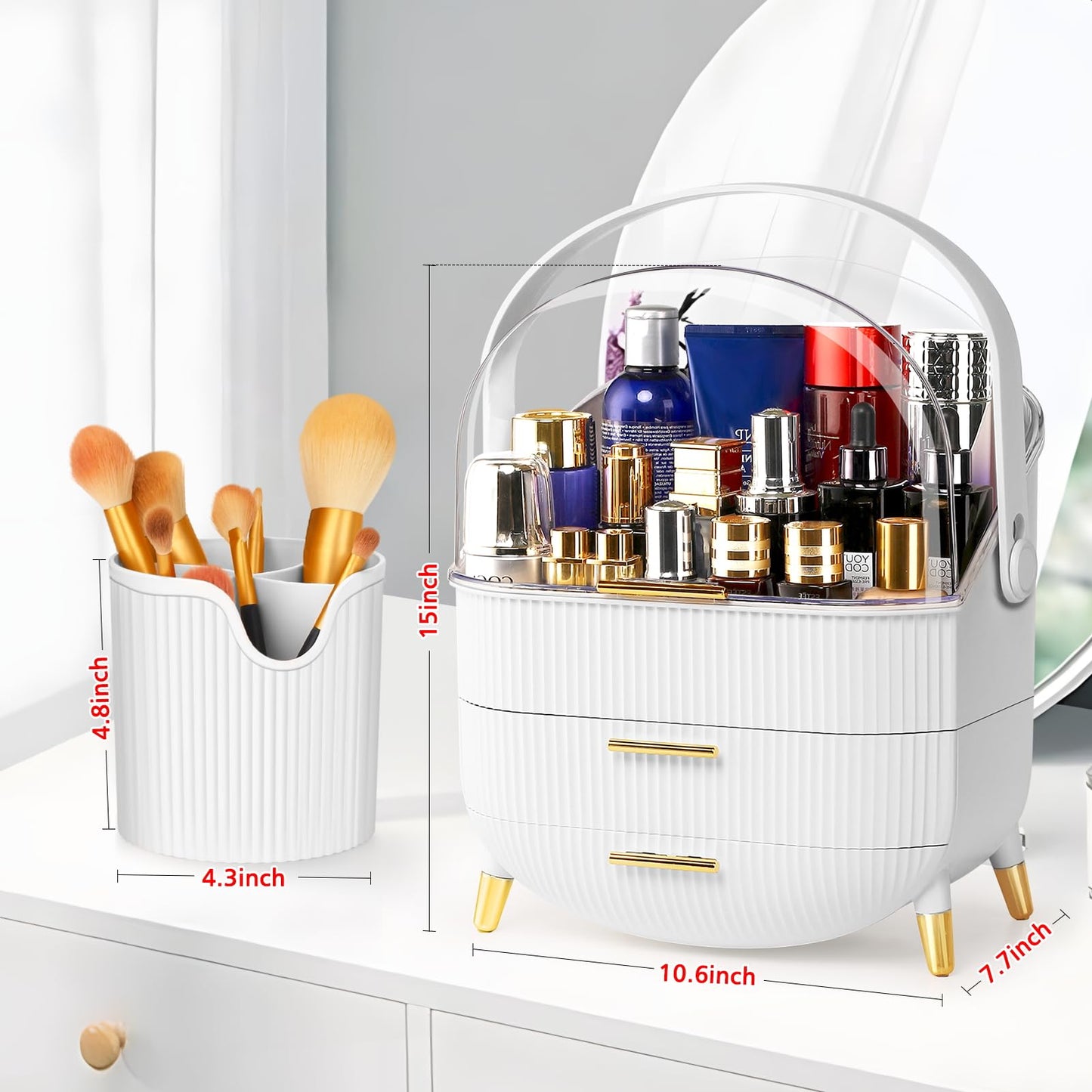 Haturi Makeup Organizer, Skincare Organizers w/Brush Holder, Cosmetics Organizer with Drawers, Waterproof & Dustproof Makeup Organizer for Vanity, Preppy Skin Care for Bathroom, Dresser, Countertop