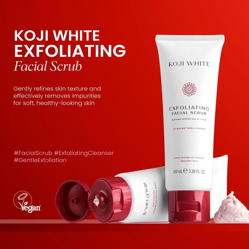 Koji White Exfoliating Facial Scrub | Kojic Acid Face Wash, Gentle Daily Scrubber & Exfoliator for Radiant with 1% Walnut Shell, AHA, Hyaluronic Acid for Uneven Skin Tone, Vegan Skincare, 3.38 Fl Oz