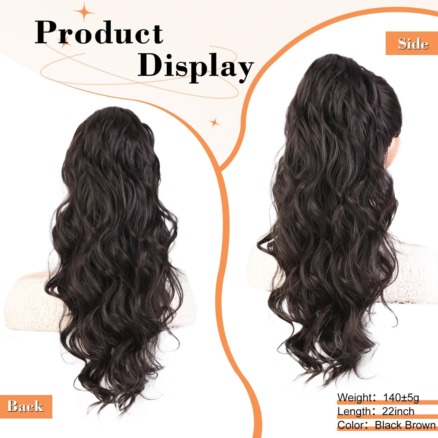 Stamped Glorious Black Ponytail Extension-22 Inch Long Body Wave Pony Tail Hair Extension,Drawstring Ponytail for Women,Synthetic Hair Extension Ponytail(Color:Black)