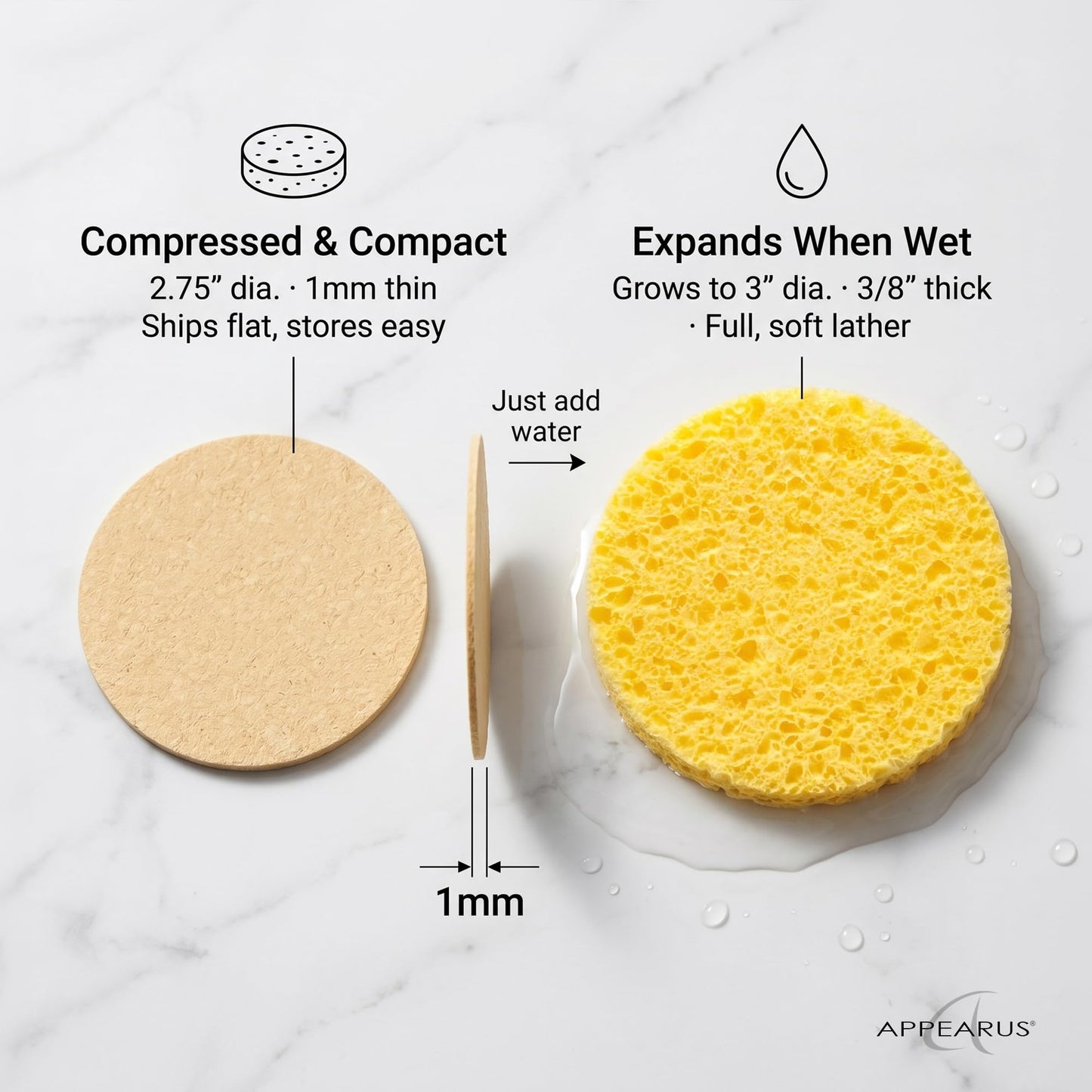 Appearus Natural Cellulose Facial Sponges – 50 Pack (Compressed) – Professional Spa Facial Sponge Pads for Cleansing, Exfoliating, Makeup Removal – Natural Yellow – Gentle on Sensitive Skin