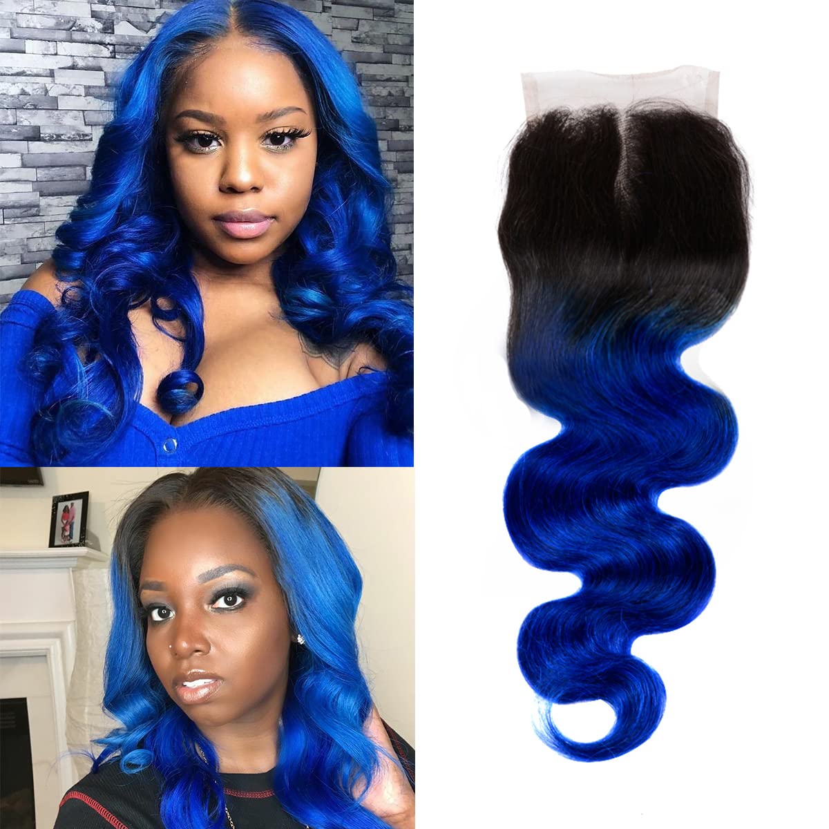 SEXAY Blue Closure 4x4 Lace Closure 100% Human Hair Brazilian Body Weaving ombre blue Color Virgin Hair Closure(18inch Blue)