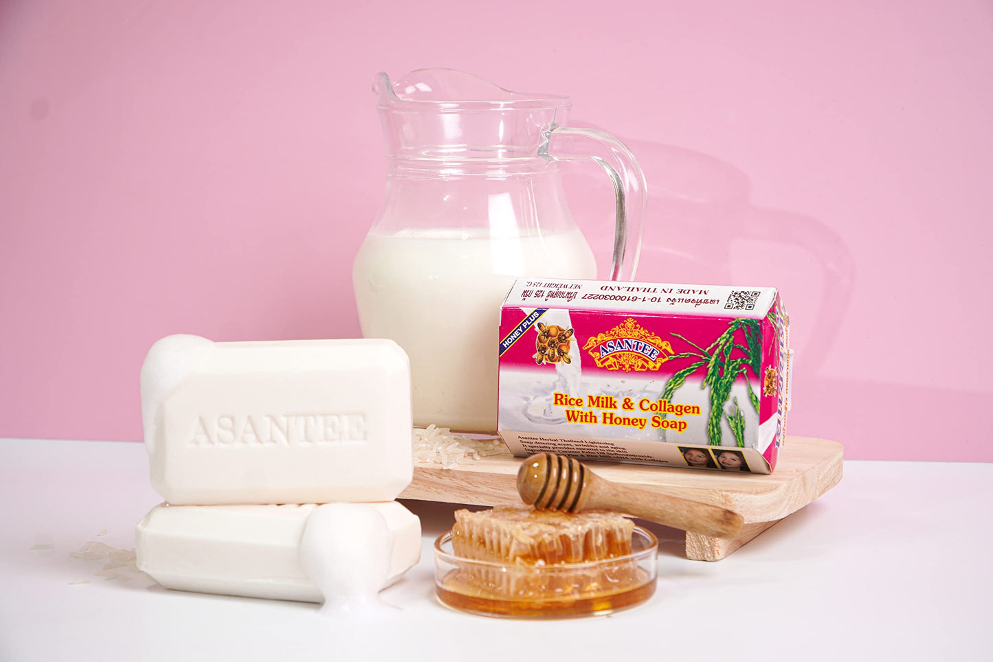 ASANTEE Rice Milk with Collagen and Honey Soap - Luxurious Body Soap for Soft, Clear, and Radiant Skin - Scent Long-Lasting (Pack of 6)