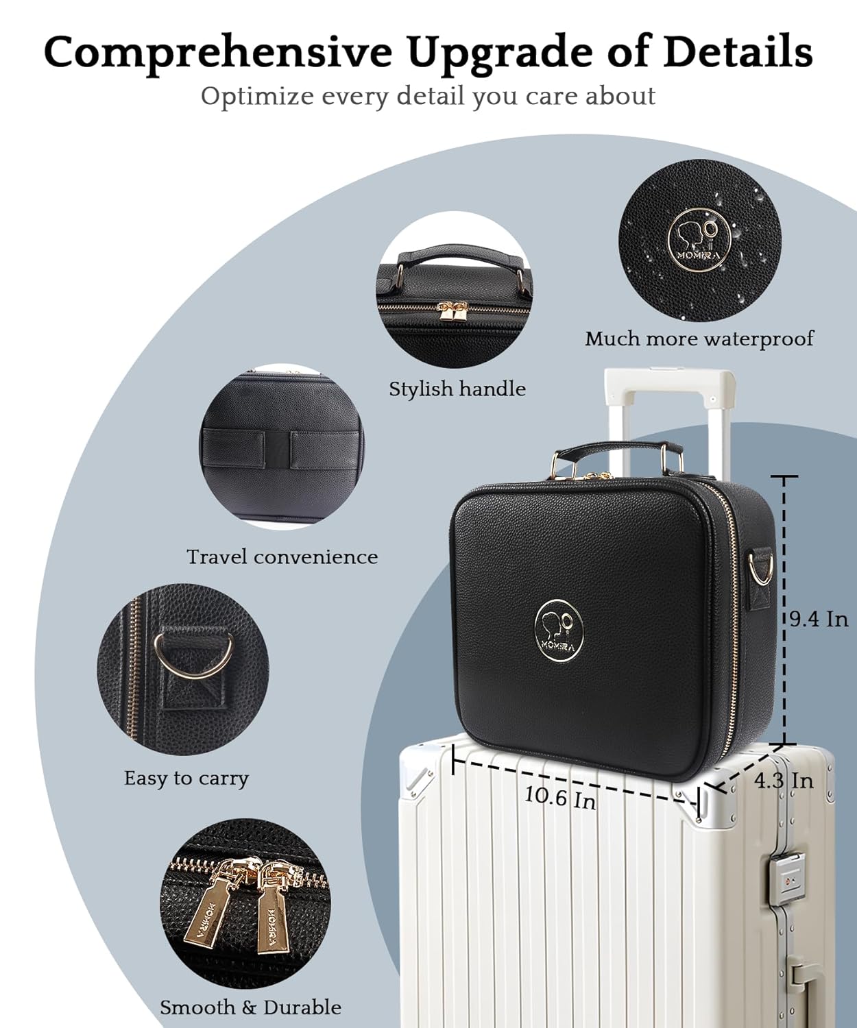 Travel Makeup Bag with Lighted Mirror - Adjustable Brightness, Waterproof Design | Black
