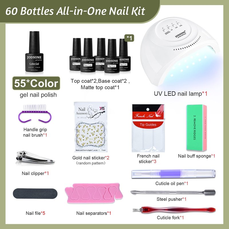 JODSONE Gel Nail Polish Kit - 60 PCS with UV Light | 55 Vibrant Colors, Base & Top Coat Included