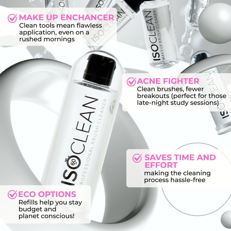ISOCLEAN Makeup Brush Cleaner – Gentle Daily Use Solution, Reduces Product Buildup, Improves Application, Easy Clean Brush Cleaning Solution & Sponge Cleaner - Easy Pour with Dip Tray, 9 fl oz