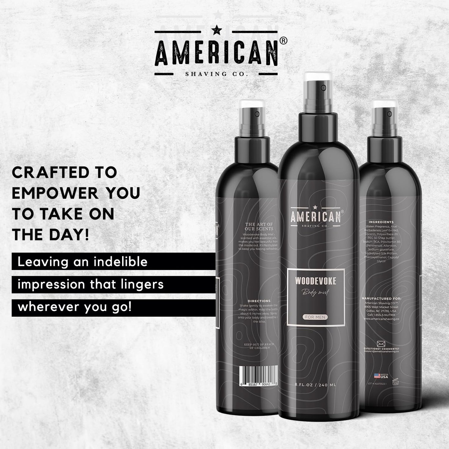 American Shaving Co. Woodevoke Body Mist For Men 8 oz, Made in USA, Quick Absorption, Quality Potent Ingredients, Long-Lasting, Non-GMO, GMP Certified, Cruelty-Free Products