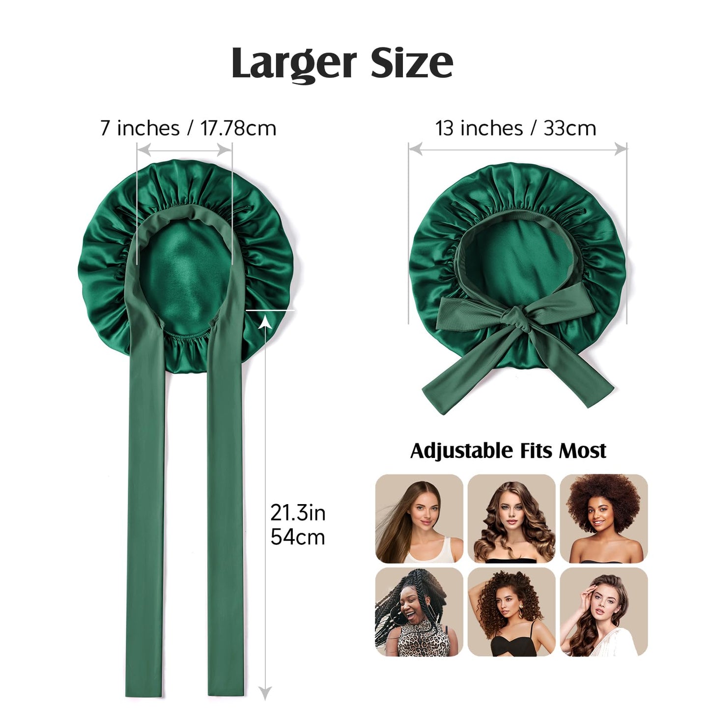 YFONG 100% 22 Momme Mulberry Silk Bonnet for Sleeping Women, Larger Double Layer Silk Hair Wrap for Curly Short Long Hair, Non-Slip Sleep Shower Cap Turban with Elastic Tie Band, Deep Green