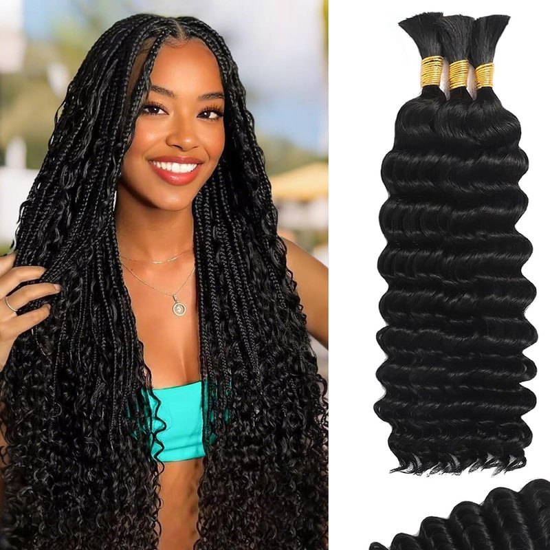 Deep Wave Bulk Human Braiding Hair for Boho Braids Water Wave 100% Human Hair for Boho Braiding Hair Crochet Wavy Curly Hair Extensions Bohemian Micro Braiding 3 Bundles 110g Natural Color 12 Inch