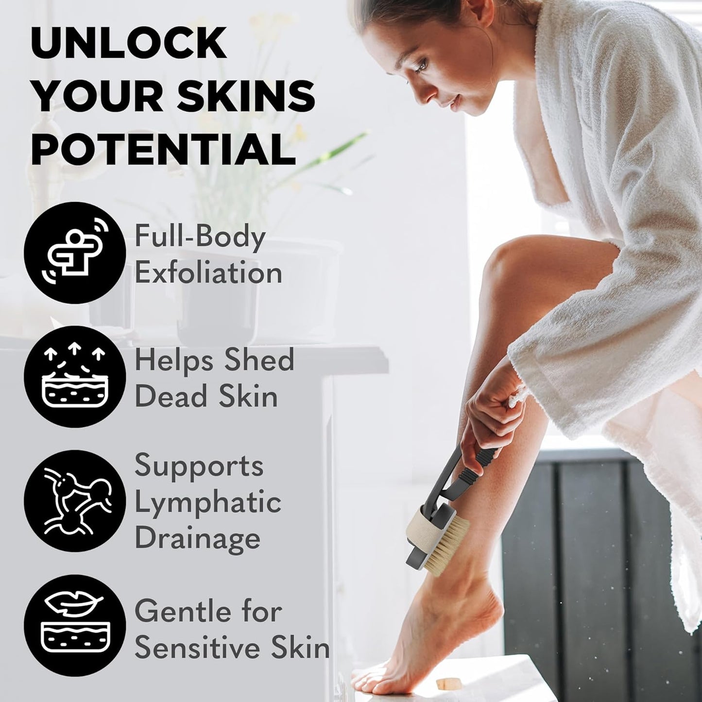 Bearback Dry Brushing Body Brush - Natural Bristles for Exfoliating | Long Handle & Removable Head