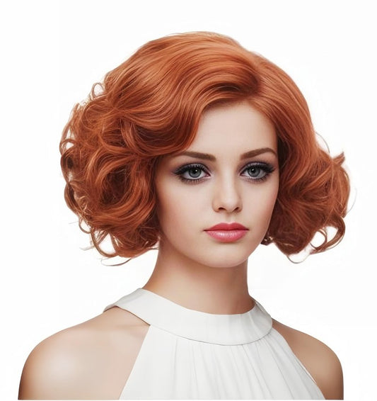 Gerulyss Short Copper Red Wavy Wigs for Women Auburn Curly Natural Synthetic Wig Ginger Middle Part Full Wig for Role Play,Halloween,Daily Use