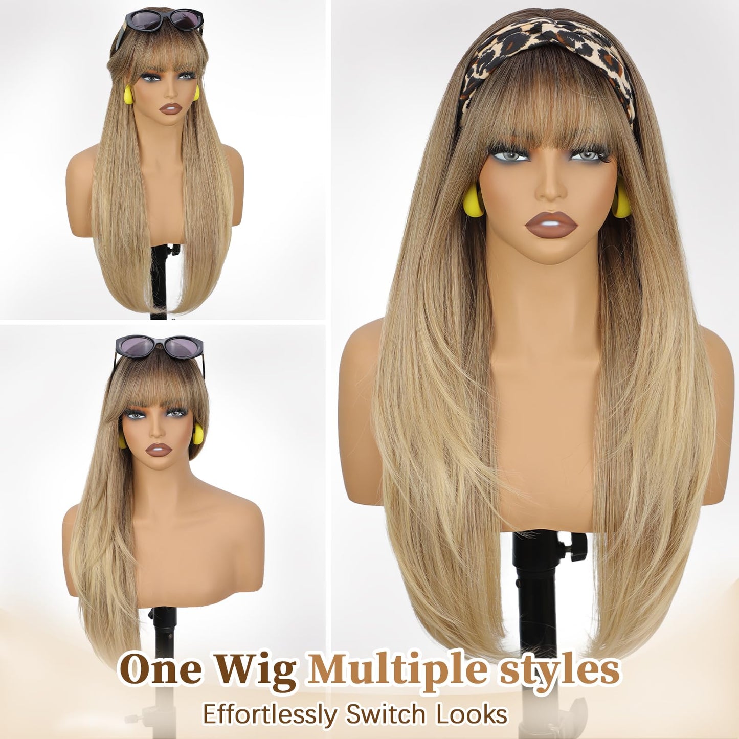 XIXIBI Blonde Wig with Bangs, Long Ombre Blonde Layered Wigs for Women, 4x4 Realistic Scalp with Free Parting, Realistic Heat Resistant Synthetic Wigs for Daily Party Cosplay Use 26Inch