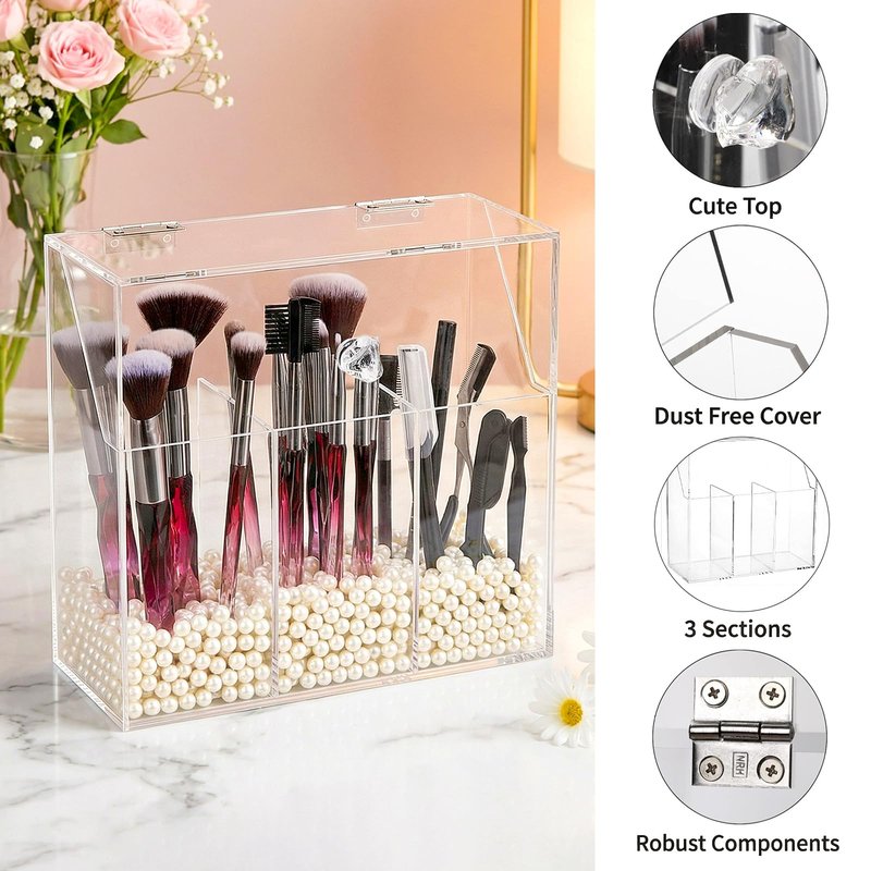 Okllen Makeup Brush Holder with Dustproof Lid, White Pearls, Acrylic Clear Makeup Brush Organizer with 3 Compartment, Large Cosmetic Brush Storage Box Case for Vanity, Bathroom, Bedroom