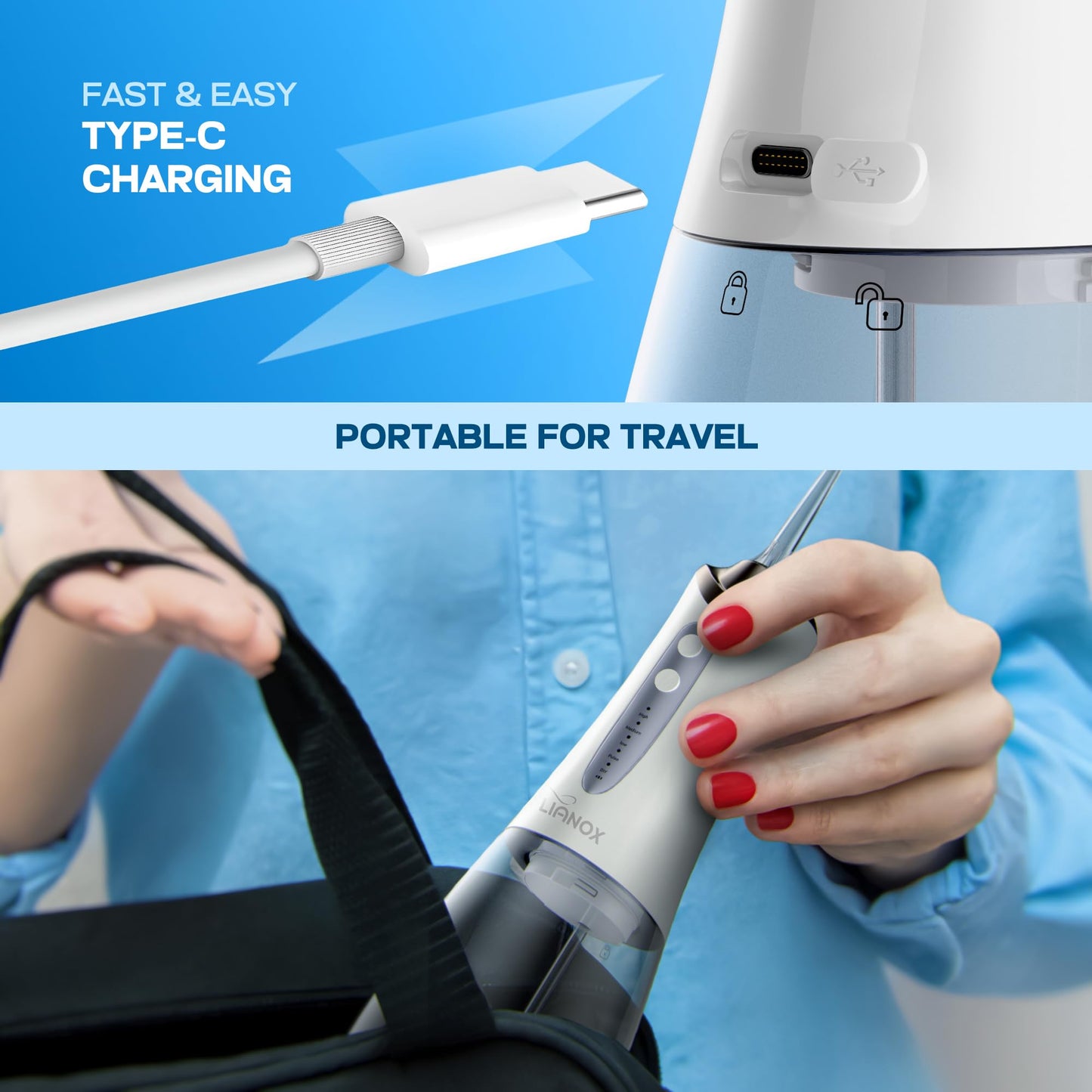 Water Flosser Cordless Portable, 300ML Detachable Oral Irrigator for Teeth Cleaning, 5 Modes Dental Water Flosser for Braces & Gum Care, USB Rechargeable Waterproof