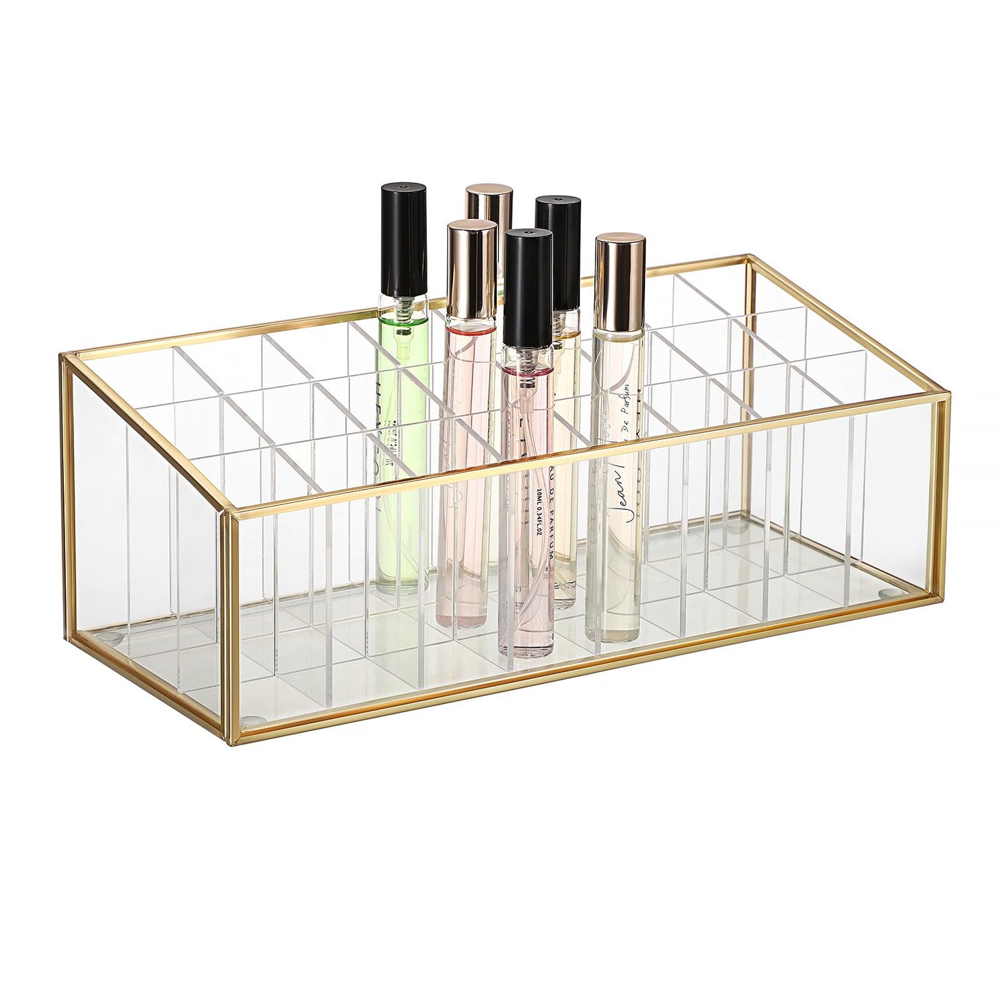 ELLDOO Rollerball Perfume Organizer, 24 Acrylic Spaces Glod Glass Perfume Storage Holder Beauty Scent Holder, Makeup Lipgloss Lipstick Display Case