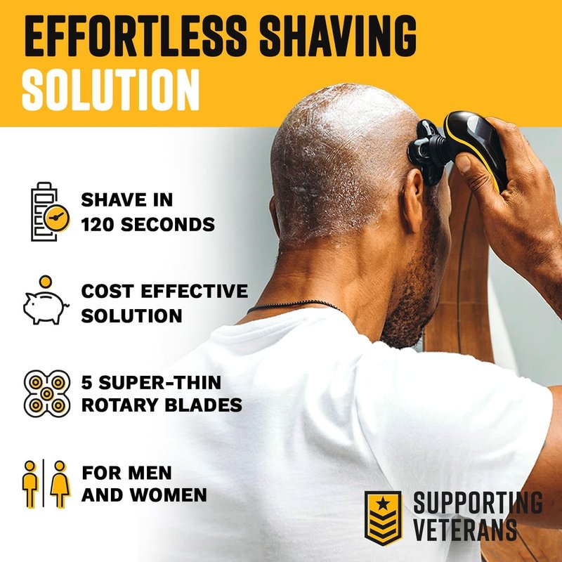 Bald Buddy Head Shaver for Men, Waterproof, Rechargeable Electric Razor, Cordless, Ergonomic Design, Battery & Cleaning Indicator, The Cut Buddy