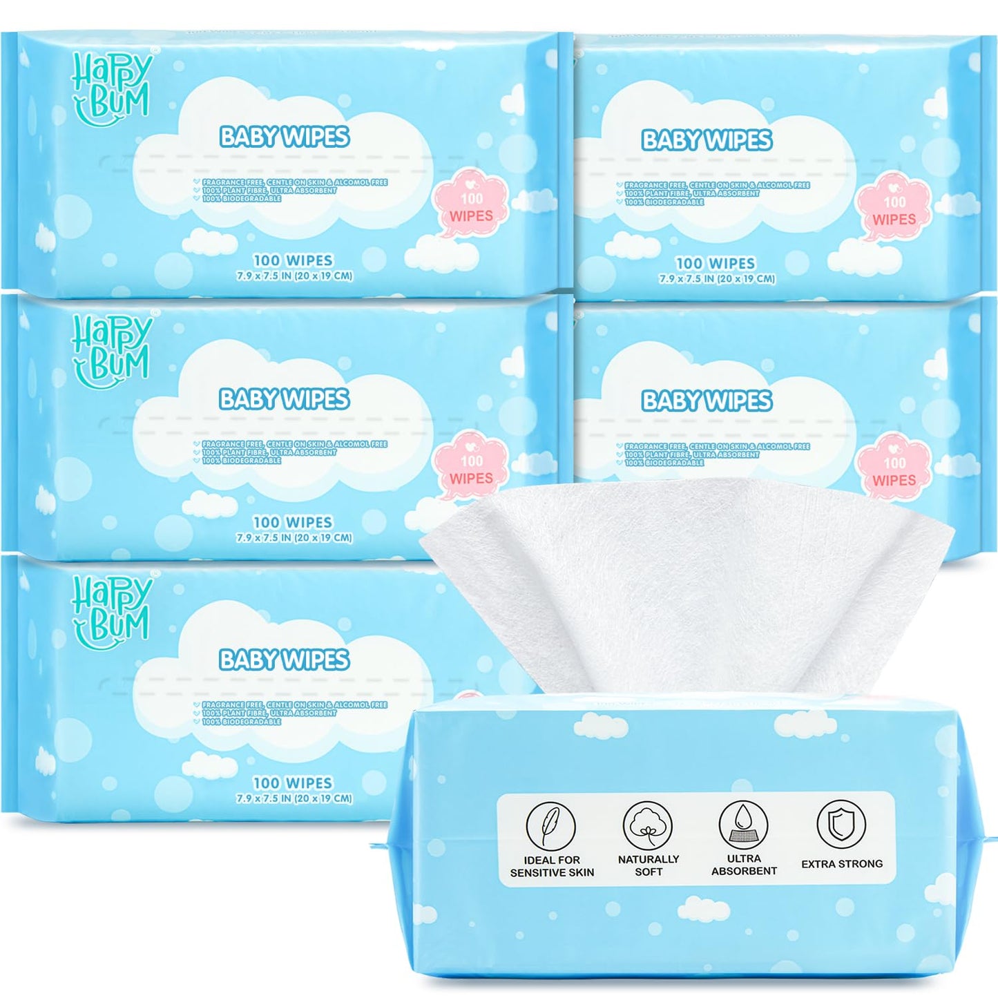 Sensitive Skin Baby Wipes - Unscented Soft Travel Wipes for Newborns | 6 Packs (600 Count)