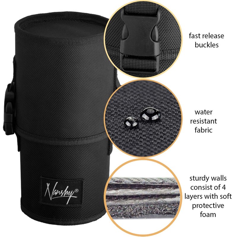 Nanshy Travel Makeup Brush Holder with Lid - Large, Stand Up Makeup Brush Case for MUA - 2-in-1 Durable Makeup Brush Organizer Bag & 2 Brush Cups - Brushes Not Included - Black - 9 x 4 x 4 Inches