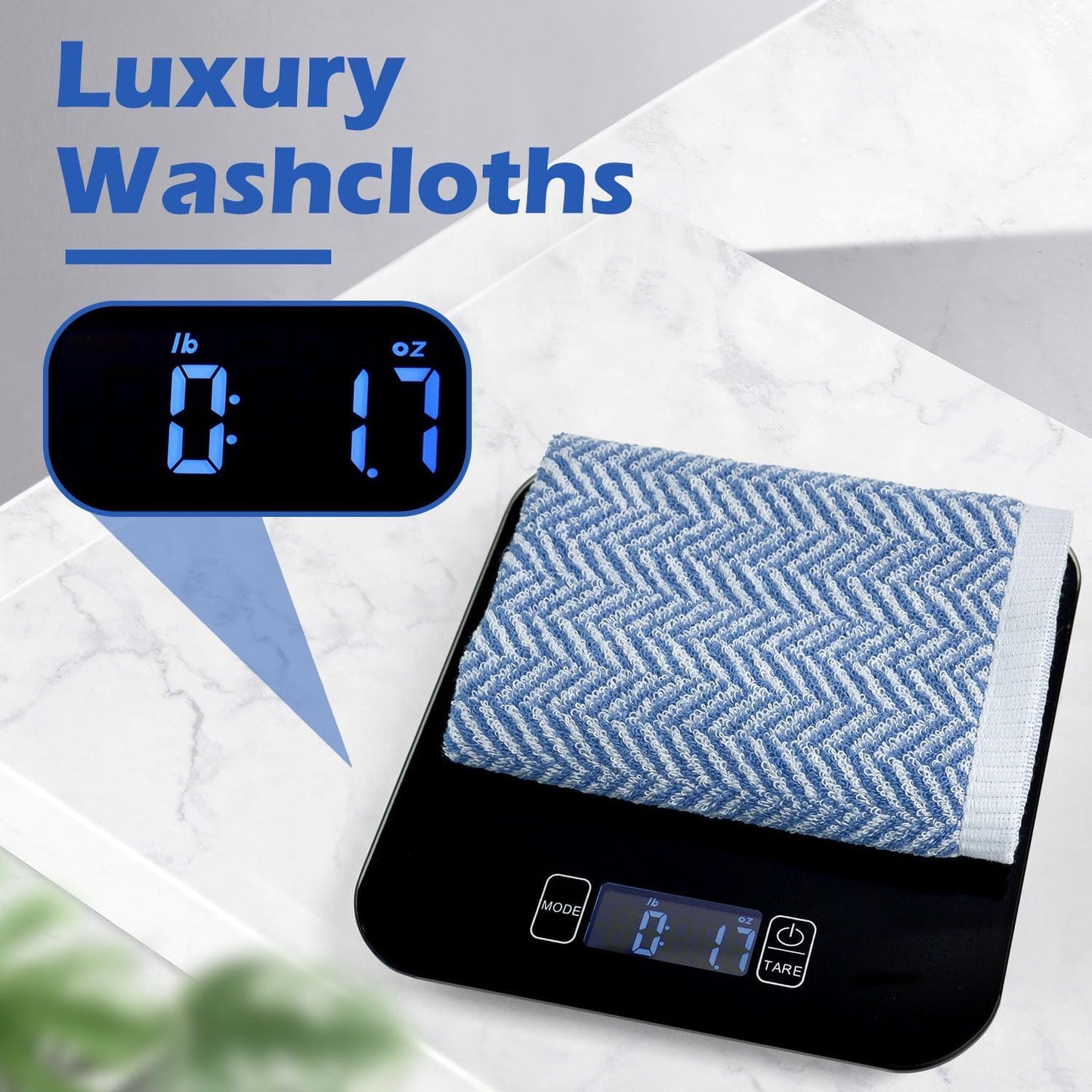 Cleanbear Wash Cloths for Your Face and Body, 12 Washcloths for Showering with Decorative Herringbone Stripes, 100% Cotton, Light Blue, 13 x 13 Inches