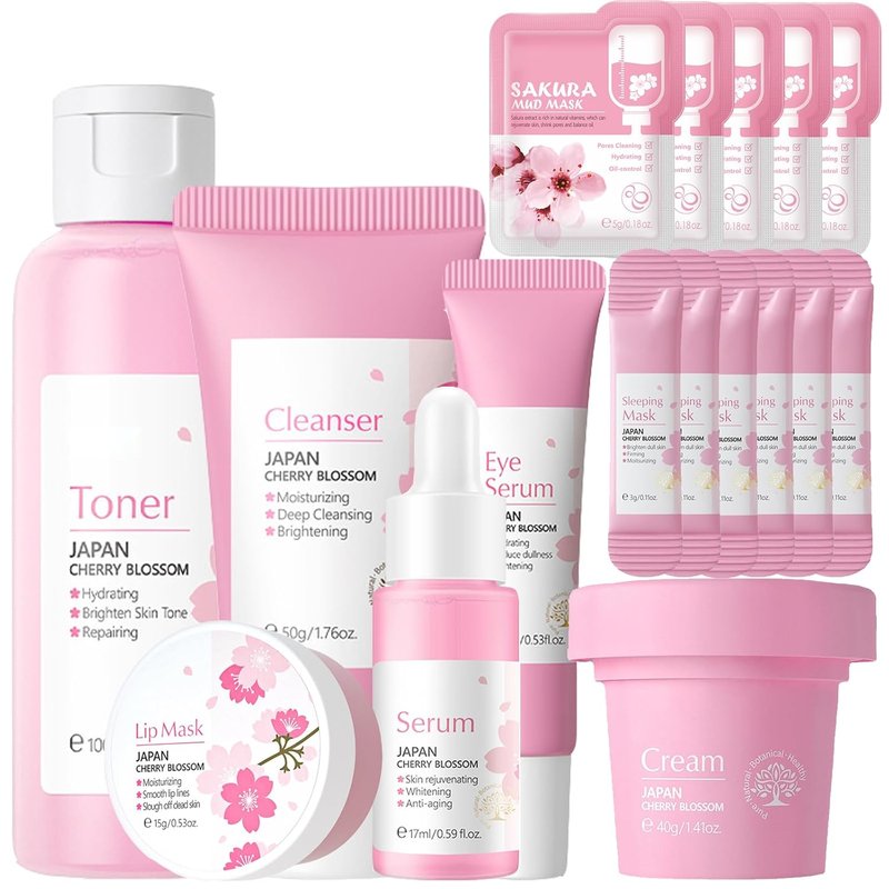 Sakura Face Care Set - 17-Piece Moisturizing Skin Care Collection | Cleanser, Serum, Toner & More