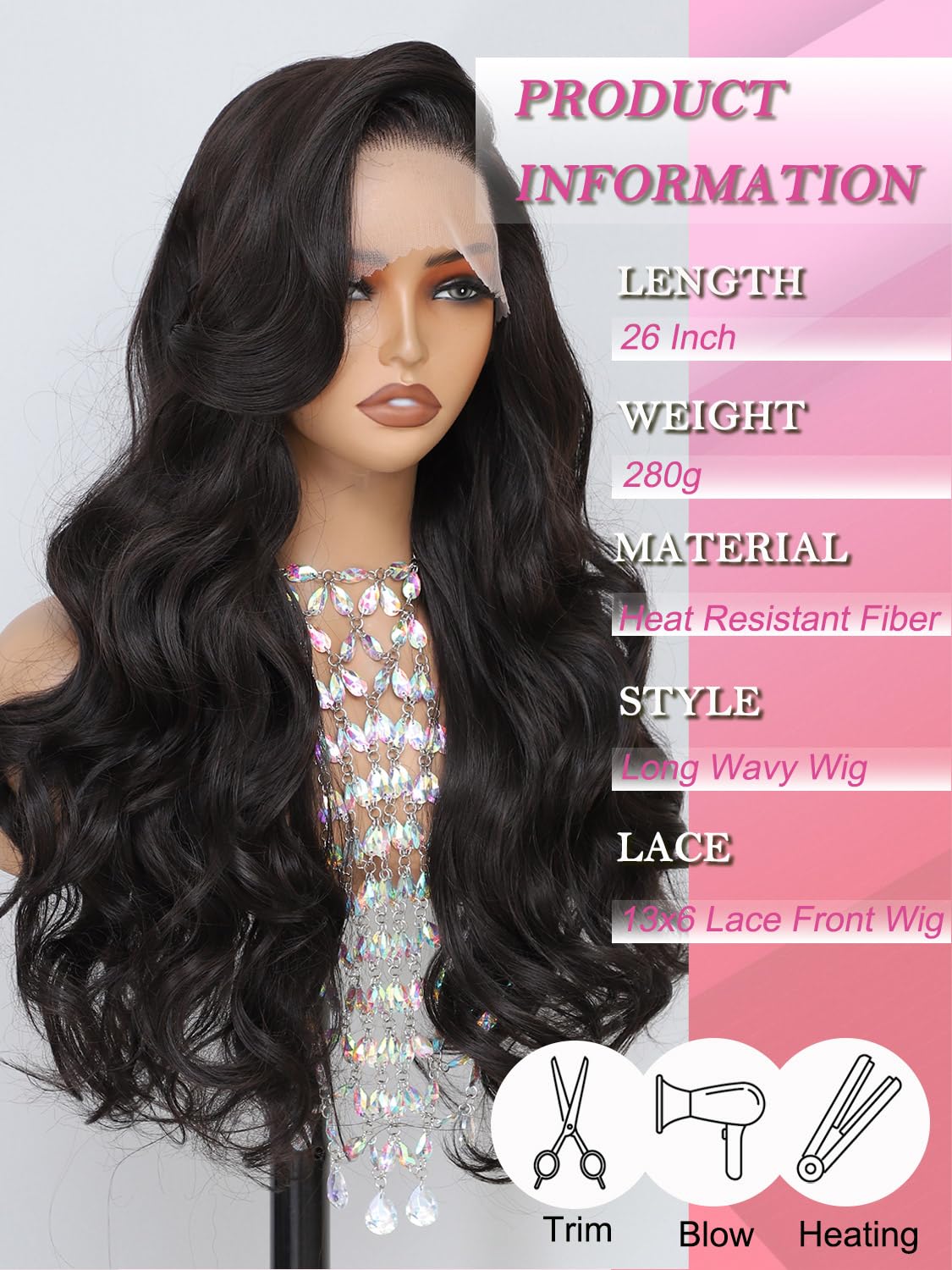 Barbique Synthetic Lace Front Wig for Women, Natural Black Synthetic Wig 13x6 Hd Lace Front 26 Inch Long Wavy Heat Resistant Fiber Deep Parting with Baby Hair Natural Hairline