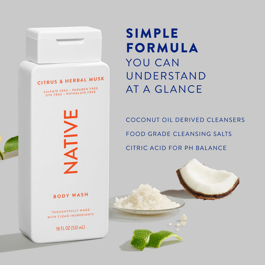 Native Body Wash Contains Naturally Derived Ingredients | For Women & Men, Sulfate, Paraben, & Dye Free Leaving Skin Soft and Hydrated | Citrus & Herbal Musk 18 oz (Pack of 2)
