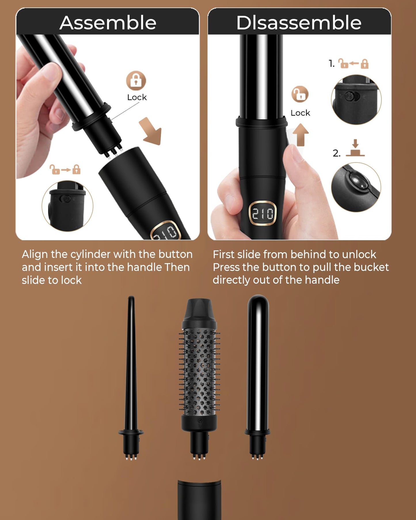 Ukliss 3 in 1 Curling Iron Set, Heated Round Brush for Straightening Curling Detangling, Ceramic Curling Wand for Versatile Styling, Dual Voltage Curling Iron Travel Friendly (Black)