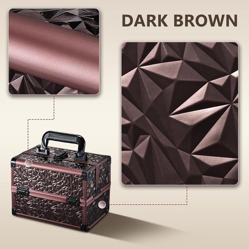 Makeup Train Case Organizer - Portable Cosmetic Storage Box with Mirror & Locking - Dark Brown, 2 Trays for Professionals